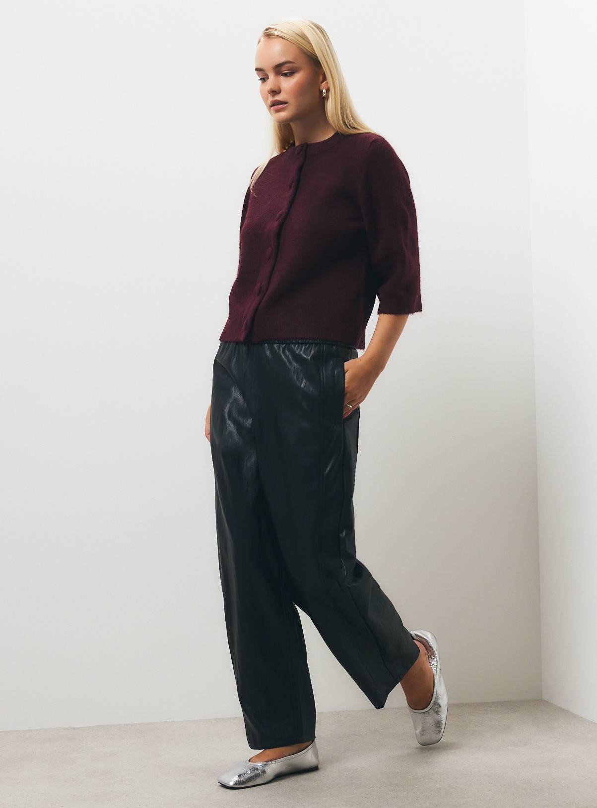 Dark Red Covered Button Boxy Cardigan S - Image 2